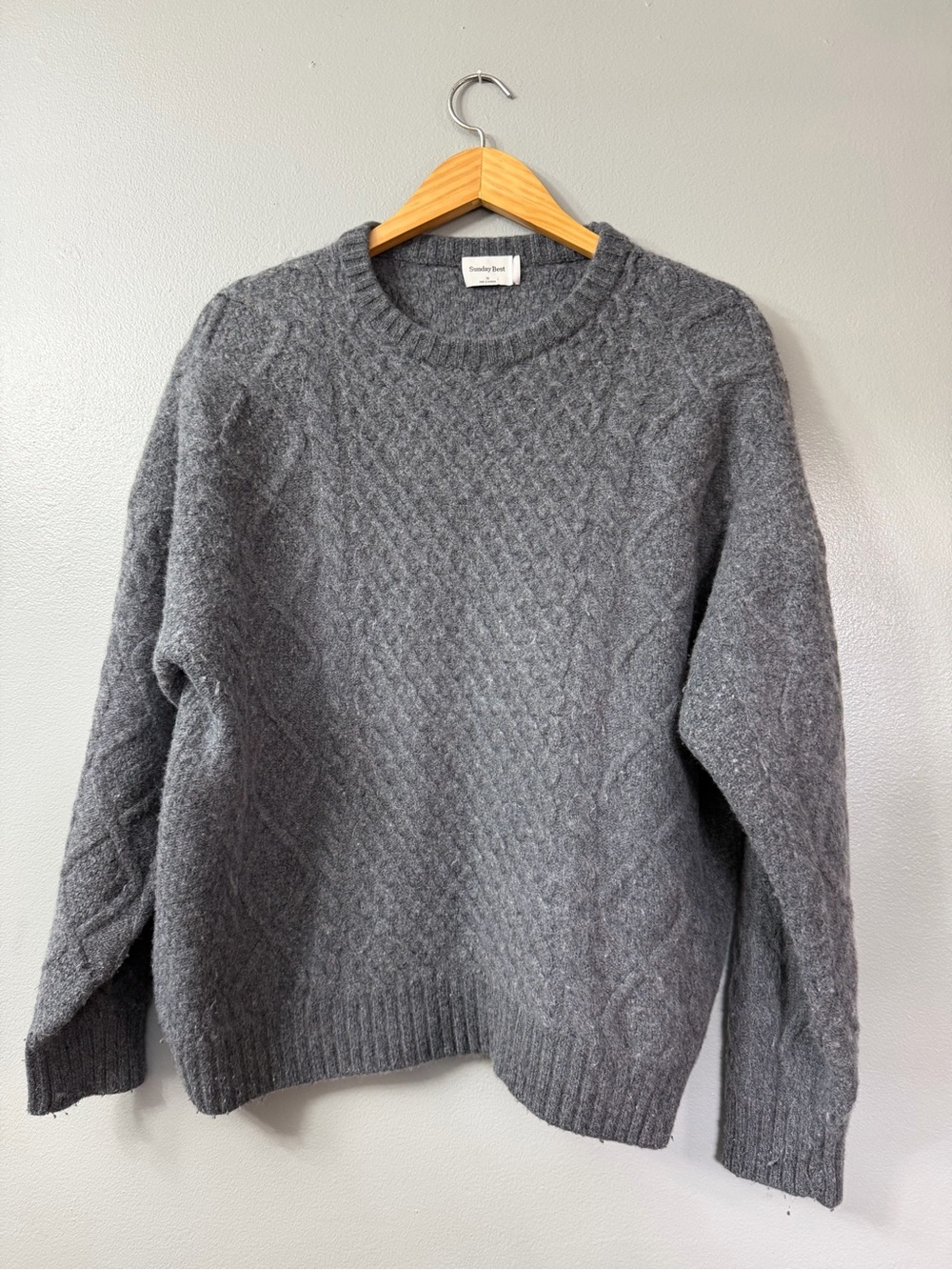 Sunday Best Gray Cable-Knit Crewneck Wool Sweater medium